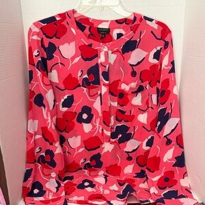 Talbots Pink Floral Long Sleeve Popover Blouse with Navy Accents